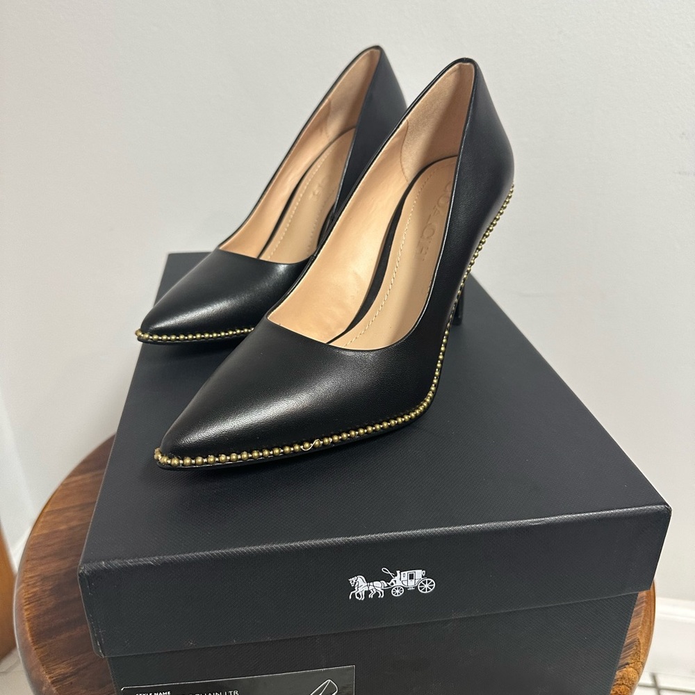 Coach Black and Gold Waverly Beadchain Stiletto Heels - Picture 3 of 10